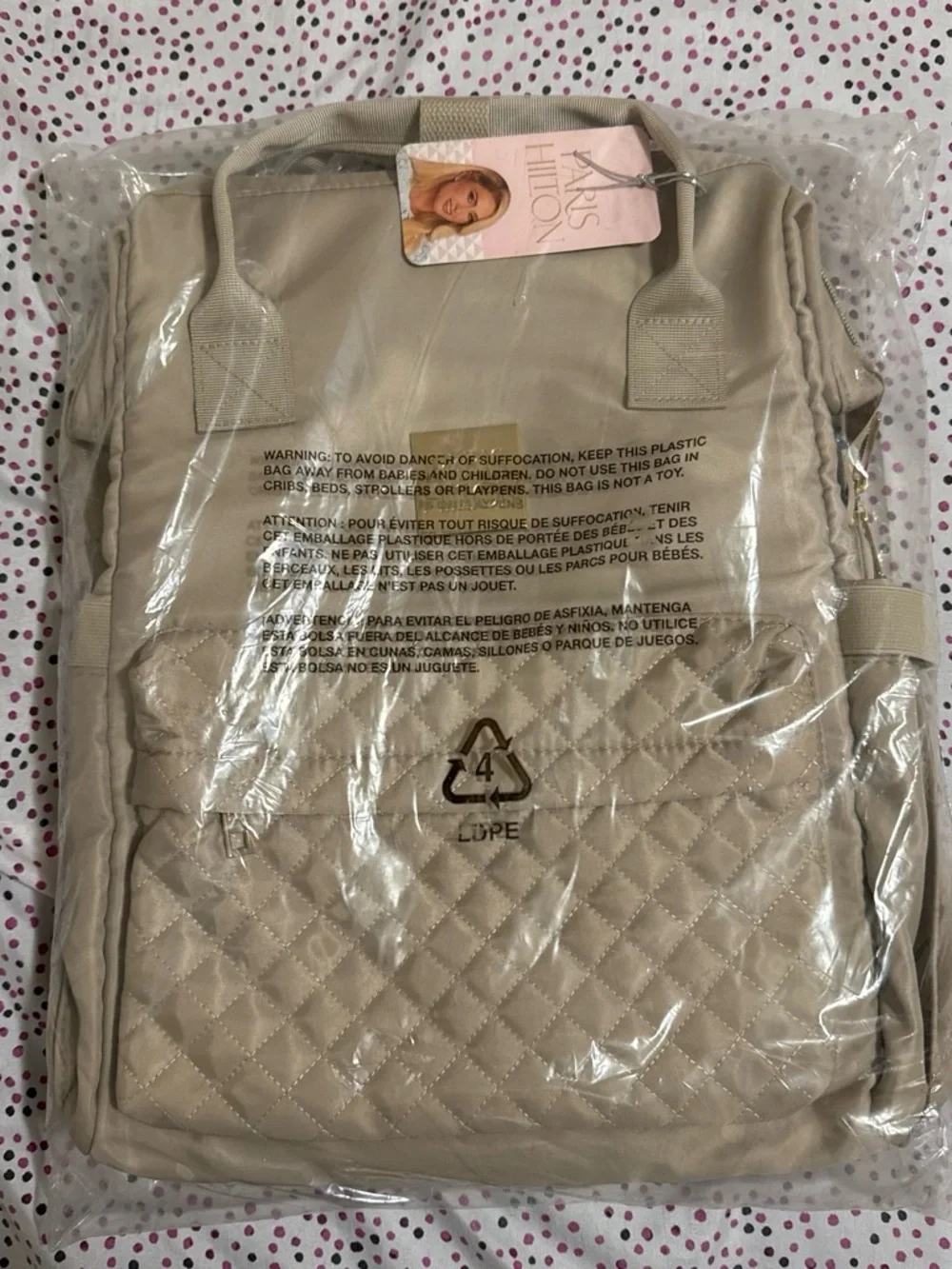 Paris Hilton Quilted Backpack in Beige with Pink Tag